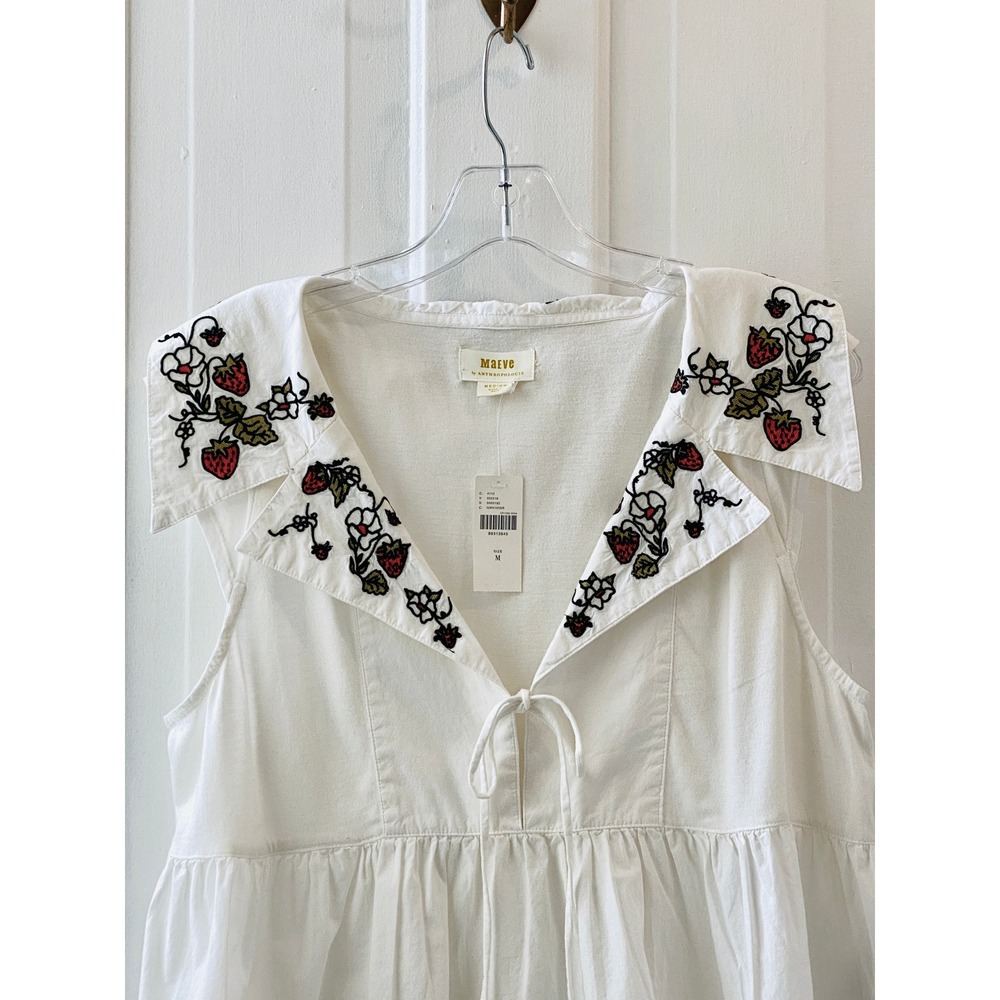 Maeve Anthropologie Strawberry Embroidered Fruit Babydoll Top White Ivory size M - Picture 4 of 16